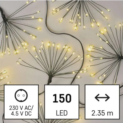 Ozdoba choinkowa 150 LED 2,35 m nano łezki frędzle ciepła biel, zielony przewód, IP20, timer D3AW09 EMOS (D3AW09)